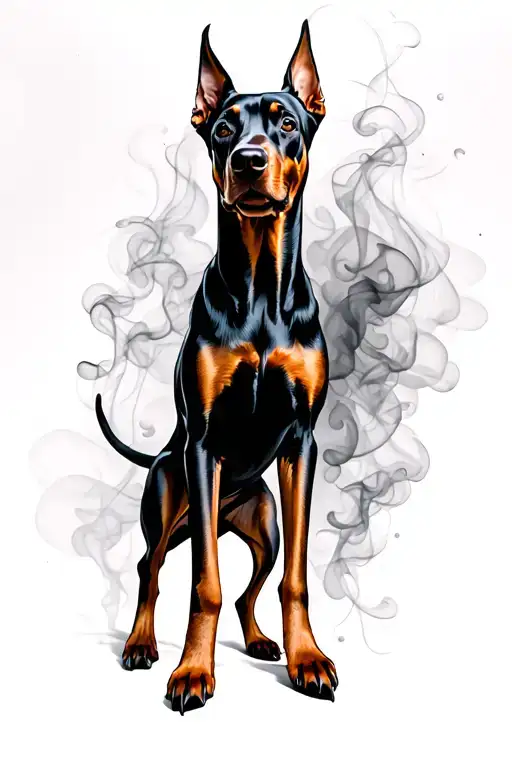 smoky background, empowered sexy woman, doberman pinscher tattoo design idea