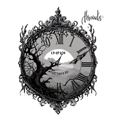 men's sleeve with a willow tree and filigree style showing a date of 19/09/24 with a clock showing the of 13:10 and  tattoo design idea