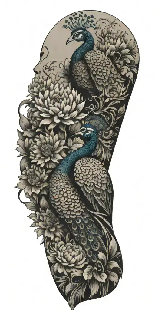 male peacock and chrysanthemum flower bouquet tattoo design idea