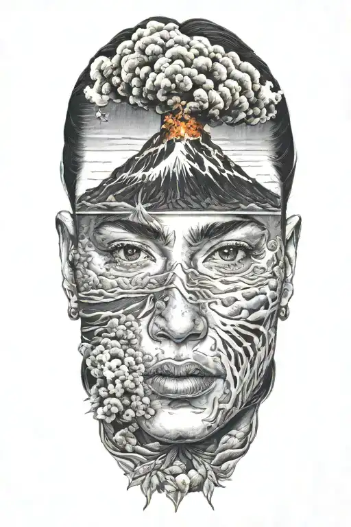 female face, hawaii, nature, volcano explosion tattoo design idea