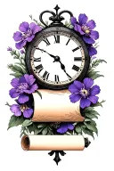 clock face with a blank scroll underneath, surrounded by violet and primrose flowers tattoo design idea