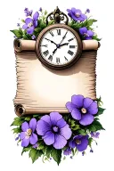 clock face with a blank scroll underneath, surrounded by violet and primrose flowers tattoo design idea