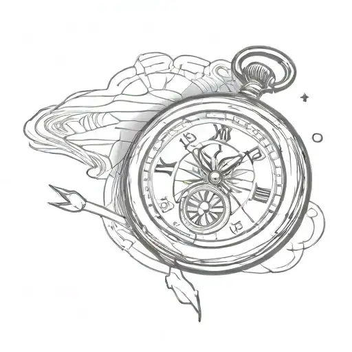 pocket watch shape that is a compass inside and faintly, in the background of the compass, an hourglass shape tattoo design idea