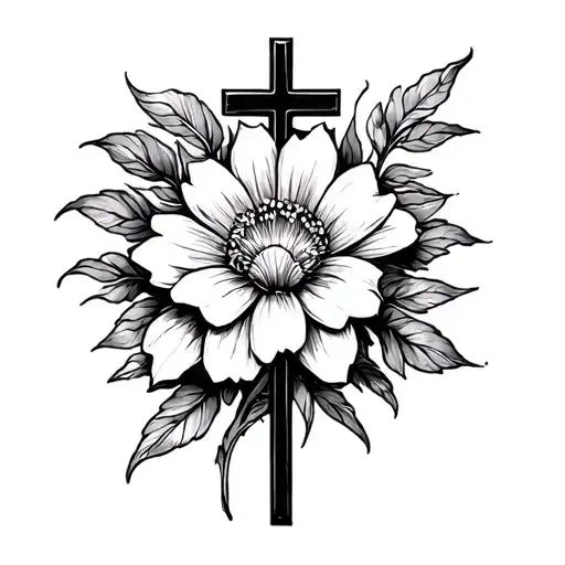 small christian tattoo with cross in middle and flower blooming tattoo design idea