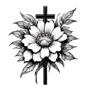 small christian tattoo with cross in middle and flower blooming tattoo design idea