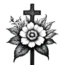 small christian tattoo with cross in middle and flower blooming tattoo design idea