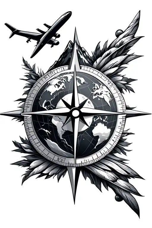 tattoo design white and black featuring compass, mountain, earth globe, world map, and airplane elements symbolizes a pa tattoo design idea
