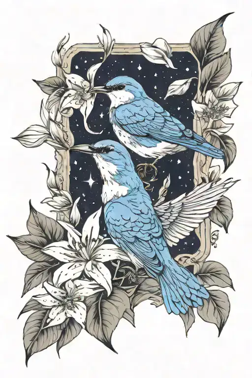 Lilly's and moon and star and blue bird flying tattoo design idea