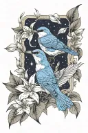 Lilly's and moon and star and blue bird flying tattoo design idea