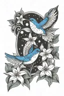 Lilly's and moon and star and blue bird flying tattoo design idea