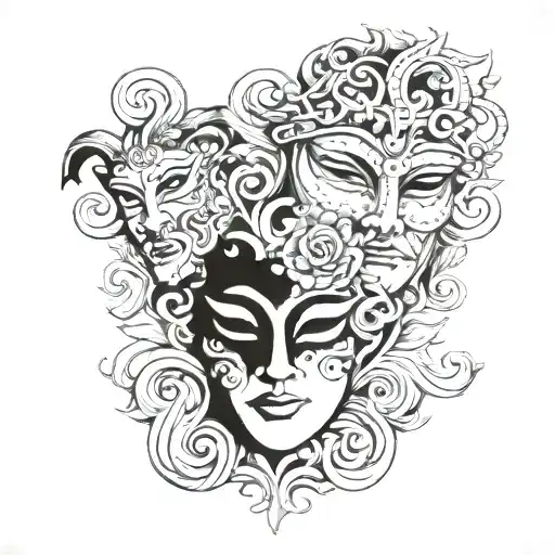face with opera masks surronding family crest tattoo design idea
