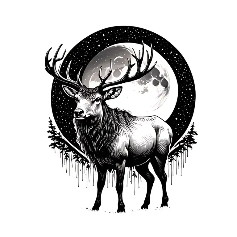 elk with moon rising tattoo design idea