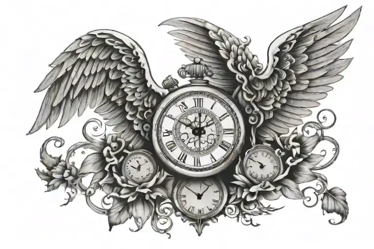 clock body with wings showing three times tattoo design idea