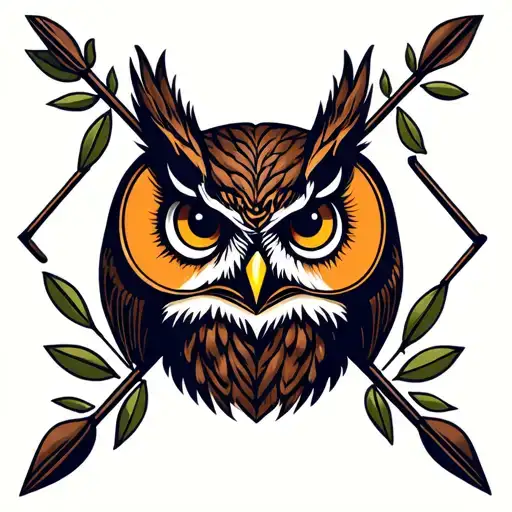 owl head shot by arrows with olive branches.  tattoo design idea