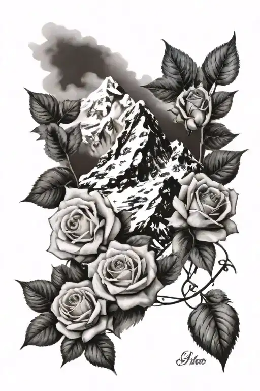sleeve tattoo featuring a detailed mount everest and roses tattoo design idea