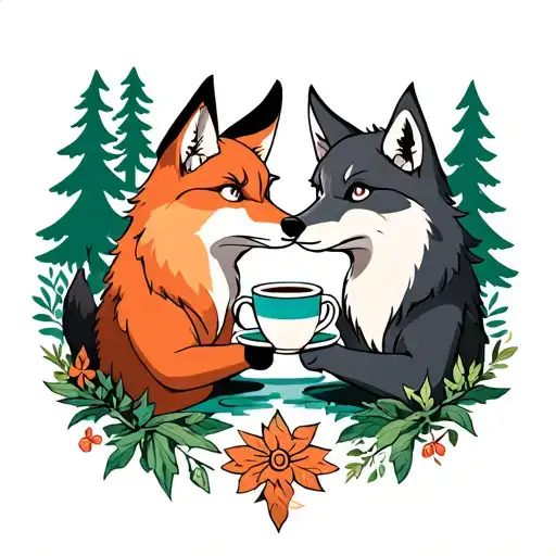 An anime-inspired tattoo of a fox and a wolf sharing a cup of coffee in a forest setting tattoo design idea