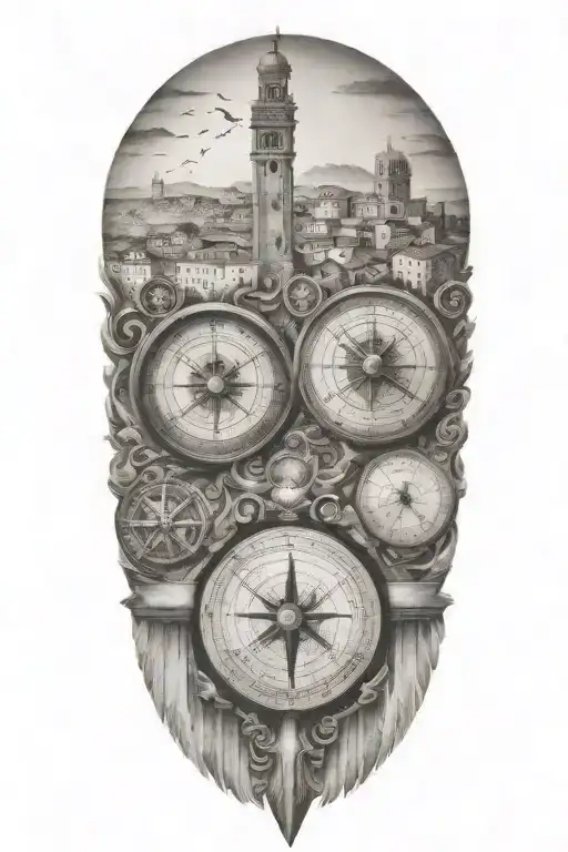 edges that fade softly, featuring italian and greek inspired buildings and landscape, airplane, compass  tattoo design idea