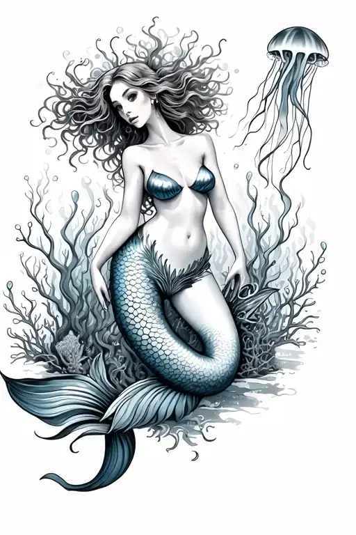 underwater scene with jellyfish, coral reef and thick redhead sexy mermaid tattoo design idea