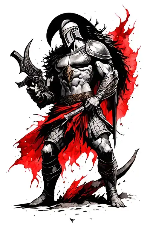 Watercolor style tattoo, furious, every minute is a battle, time is running out, black and red magic colors, Spartan hel tattoo design idea