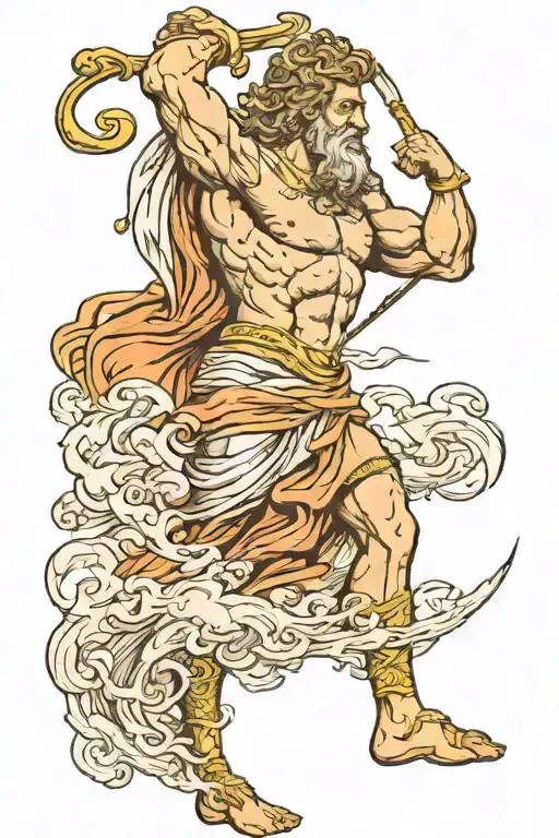 Greek mythology leg sleeve tattoo, at the top I want Zeus embellished in the clouds with a lightning bolt in his right  tattoo design idea