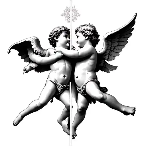 Cupid fighting a cherub angel witha big space between them, showing a juxtaposition between good and bad, love and hate  tattoo design idea