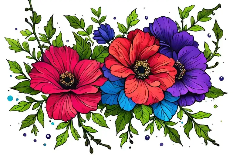 flowers bloomed with vines sexy for thigh/hip greens purples and blues reds dark and not too colourful... gentle colours tattoo design idea