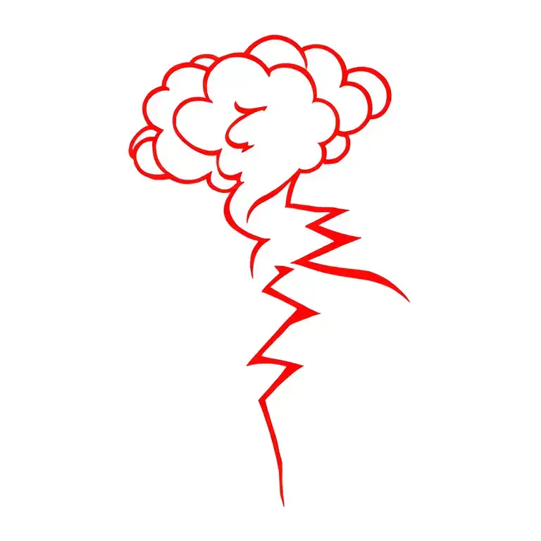 a medieval cloud from which lightning strikes and behind the lightning bolt in red the profile of a stylized phoenix tattoo design idea