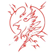 a medieval cloud from which lightning strikes and behind the lightning bolt in red the profile of a stylized phoenix tattoo design idea