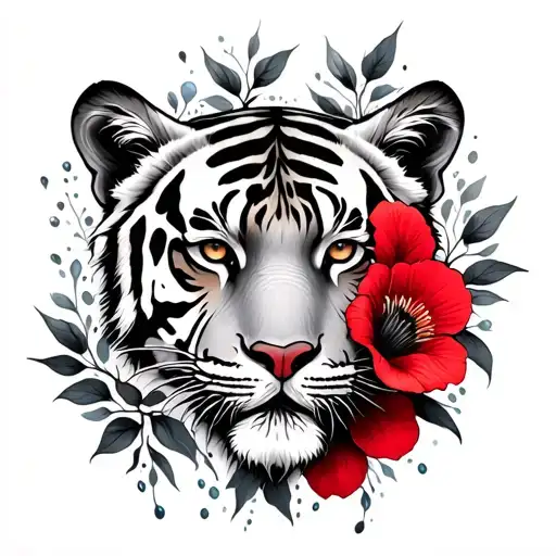 Black and white tattoo. Everything is black and white except tigers eye’s and the flowers which are red. then add water, tattoo design idea