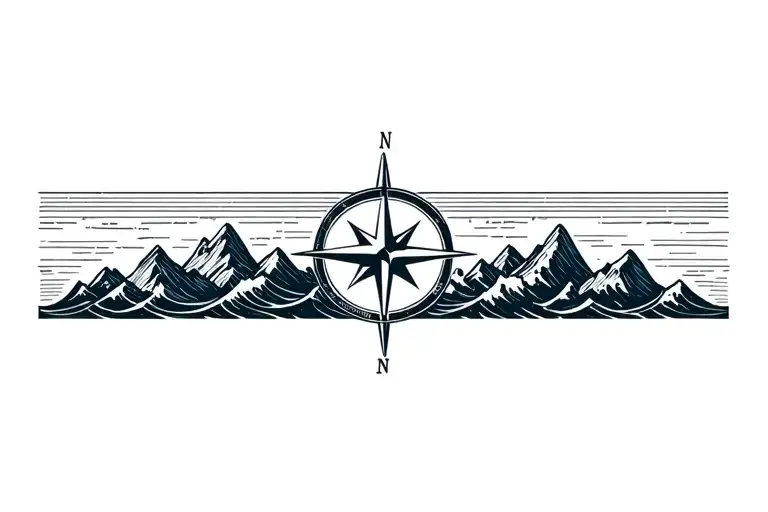 compass with band made of mountains and crashing waves tattoo design idea