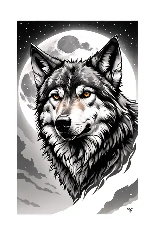 Wolf face with moon background tattoo design idea