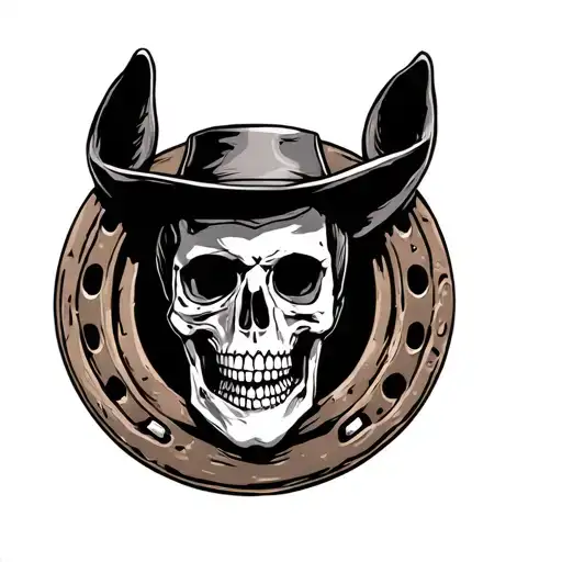 American trad cowboy skeleton on horse shoe tattoo design idea
