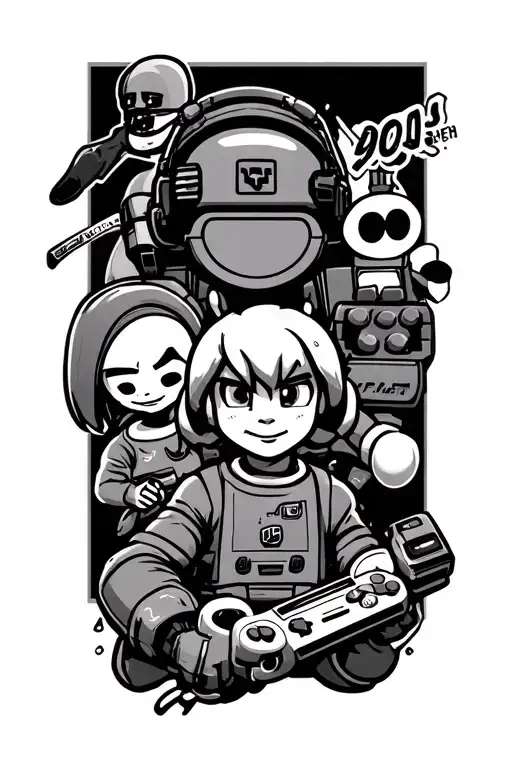 half sleeve tattoo featuring gaming and 90s early 2000s cartoon characters and 90s era stuff as well tattoo design idea