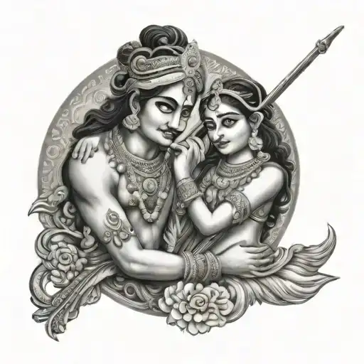 Radha krishna playing flute transforming tattoo design idea