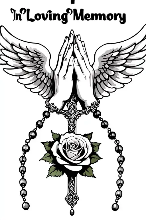 "In Loving Memory" Praying Hands, Rosary beads intertwined with cross, Wings, Realism, Rose tattoo design idea