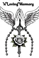 "In Loving Memory" Praying Hands, Rosary beads intertwined with cross, Wings, Realism, Rose tattoo design idea