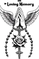 "In Loving Memory" Praying Hands, Rosary beads intertwined with cross, Wings, Realism, Rose tattoo design idea