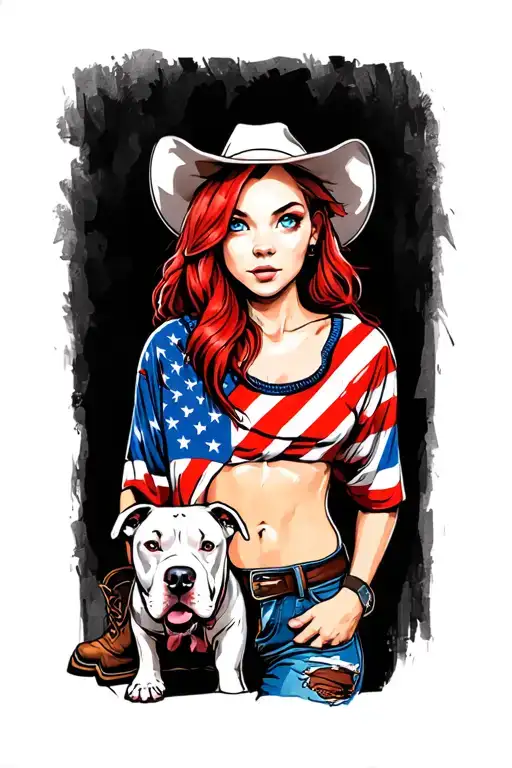 a girl with red hair blue eyes likes wearing rebel flag Dixie outfitters shirts with wranglers boots and loves pitbulls  tattoo design idea
