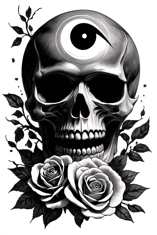 skull with sharingan and rinnegan and roses under the skull tattoo design idea