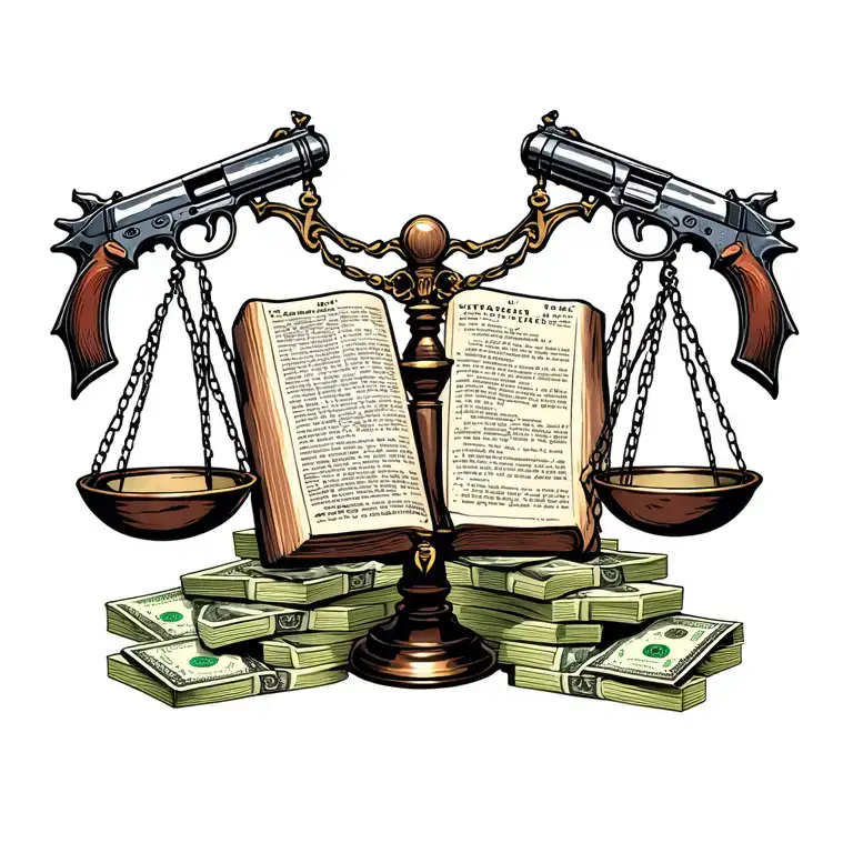 The Scales of Justice holding a Bible on one side and a pistol on top of stacks of money on the other side. tattoo design idea