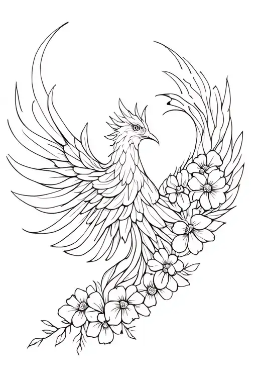 fine line abstract phoenix made out of flowers tattoo design idea
