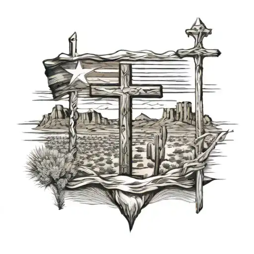 desert landscape with Arizona flag on horizon and orthodox three bar cross, upper right chest into half sleeve tattoo design idea