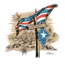 desert landscape with Arizona flag on horizon and orthodox three bar cross, upper right chest into half sleeve tattoo design idea