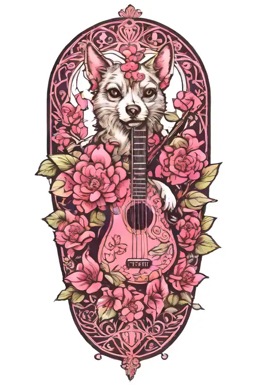 art nouveau, fucshia, hydrangea, ukulele, terrier dog tattoo design idea