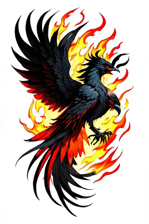 A Black phoenix with the flames of ameterasu, that spread its wings. tattoo design idea