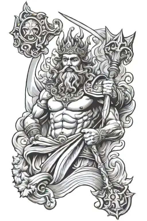 Poseidon holding a trident and a face of poseidon god tattoo design idea