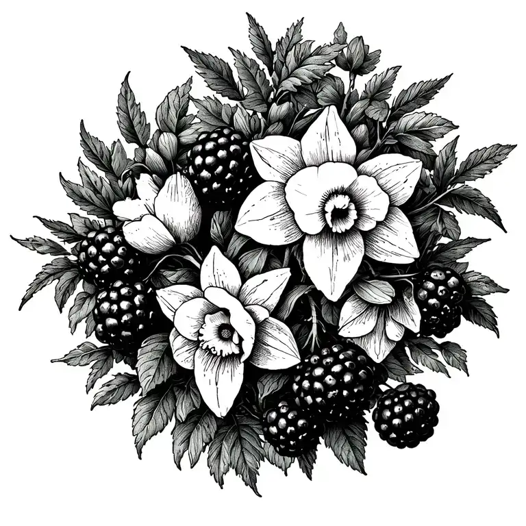 daffodils and blackberries with vines wrapped tattoo design idea