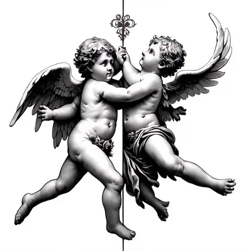 Cupid fighting a cherub angel with space between them, showing a juxtaposition between good and bad, love and hate  tattoo design idea