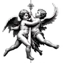 Cupid fighting a cherub angel with space between them, showing a juxtaposition between good and bad, love and hate  tattoo design idea