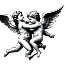 Cupid fighting a cherub angel with space between them, showing a juxtaposition between good and bad, love and hate  tattoo design idea